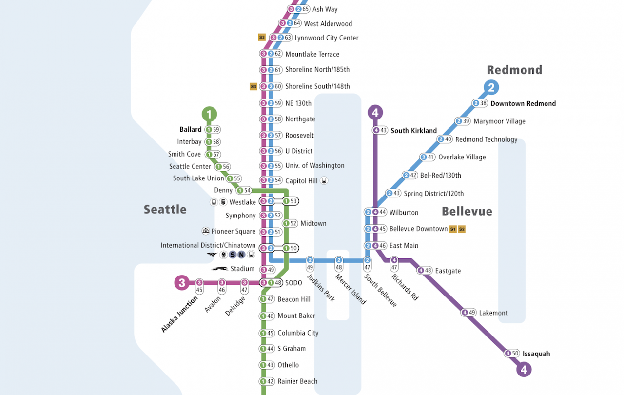 A portion of the preferred station stop map and numbering approach for the Link system. (Credit: Sound Transit)