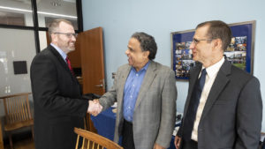 Pictured from left: Mark Gruber, Head of Urban Rail Development Center, Alstom, Americas, with Sanjeev G. Shroff, interim U.S. Steel Dean of Engineering, University of Pittsburgh, and David Trayhan, Vice President, Automated People Movers, Alstom, Americas, at the MOU signing in Benedum Hall. (Caption and Photograph Courtesy of Alstom and University of Pittsburgh)