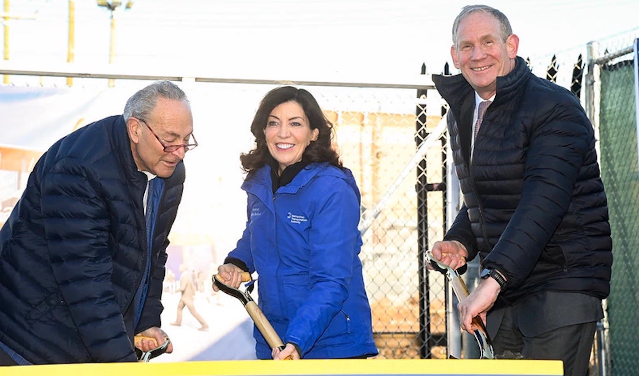 Metro-North's Penn Station Access project, which will add four new stations in the Bronx, broke ground on Dec. 9. Pictured (from left to right): Senate Majority Leader Chuck Schumer, New York Governor Kathy Hochul and MTA Chair and CEO Janno Lieber.