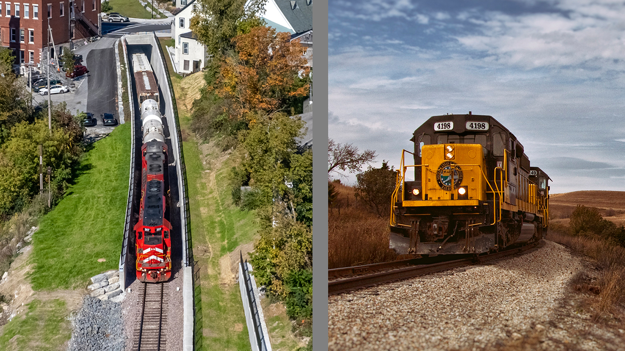 Railway Age named Vermont Railway (left) 2022 Short Line of the Year; and South Kansas and Oklahoma Railroad (right) 2022 Regional of the Year.