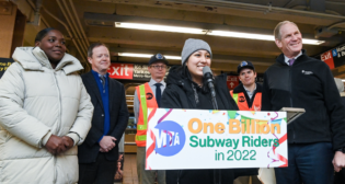 New York MTA Chair and CEO Janno Lieber, NYCT President Richard Davey and MTA acting Chief Customer Officer Shanifah Rieara recognized Bronx resident Sasha Salazar as the one-billionth subway rider of 2022 on Dec. 27. (Marc A. Hermann / MTA)