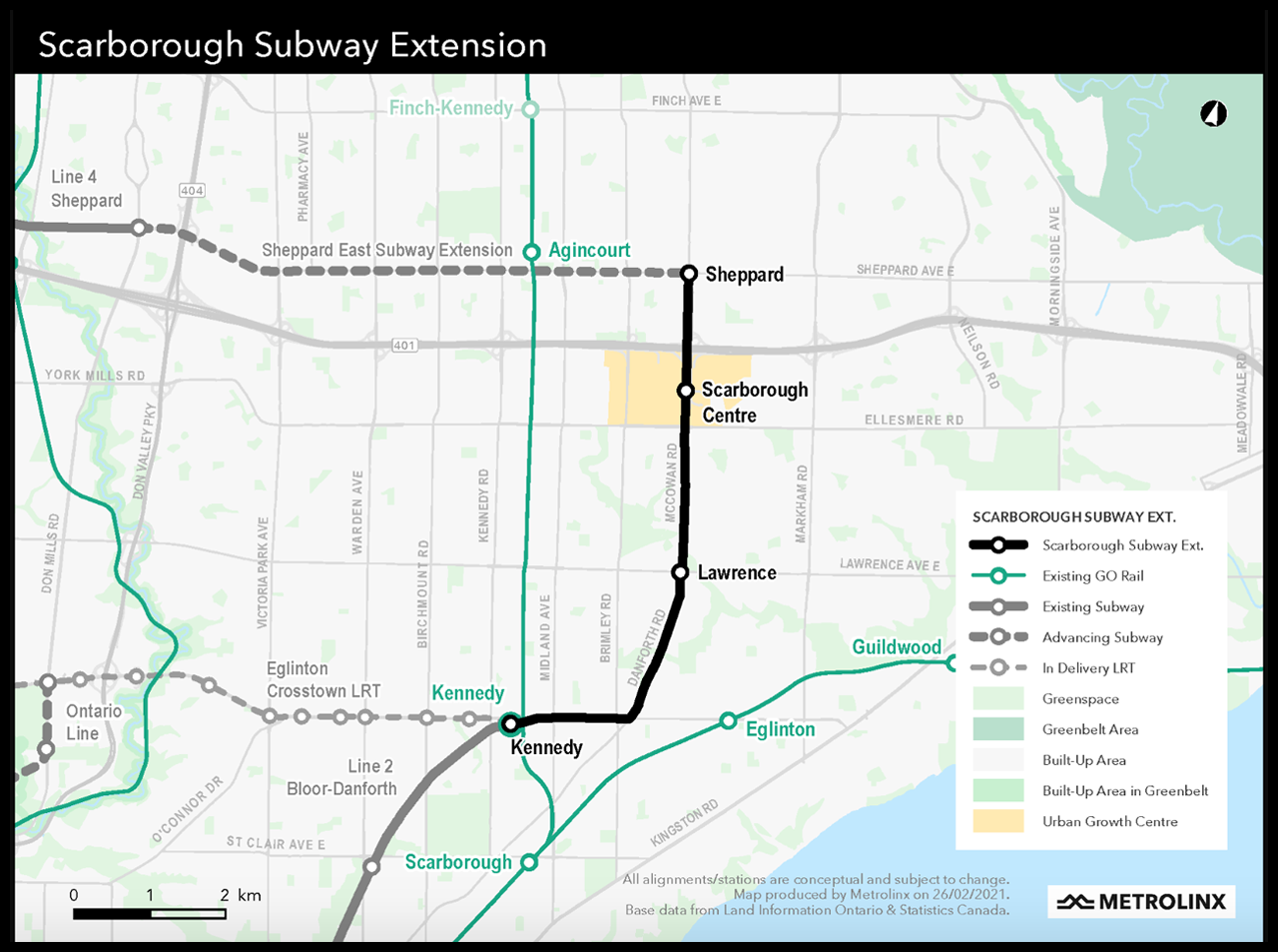 The Scarborough Subway Extension project will bring Toronto Transit Commission’s Line 2 subway 4.8 miles (7.8 kilometers) further into Scarborough, with stations at Lawrence Avenue and McCowan Road; Scarborough Center; and Sheppard Avenue and McCowan Road.