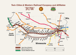 Map of TC&W Railroad, which owns and operates the 37-mile Sisseton-Millbank Railroad in South Dakota.