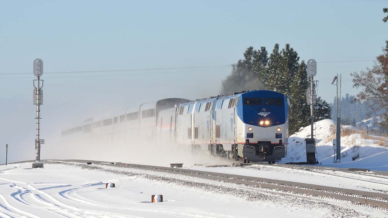 Amtrak’s recent winter meltdown was not the first time the passenger railroad faced widespread delays during the holiday travel season. On Dec. 31, 2021, Train No. 8 was some nine hours late when it passed Hauser Jct., Idaho, where the temperature was only 10 degrees Fahrenheit. That’s mild compared with the sub-zero weather the Empire Builder routinely faces on the northern plains. (Photo and Caption by Bruce Kelly)