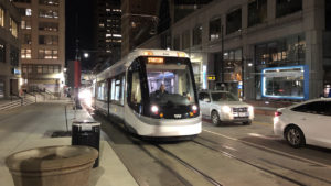 KC Streetcar operates a 2.2-mile route along Main Street in downtown Kansas City, Mo., with 16 stops served by six streetcars. Due to increased ridership, weeknight service hours will be extended starting Jan. 21. (Photograph: William C. Vantuono)