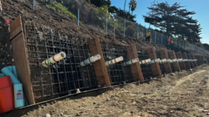 According to OCTA, the first row of ground anchors are in place to stop the track from moving in south San Clemente, allowing passenger service to safely resume on weekends while construction work continues on weekdays. (Photograph Courtesy of OCTA)