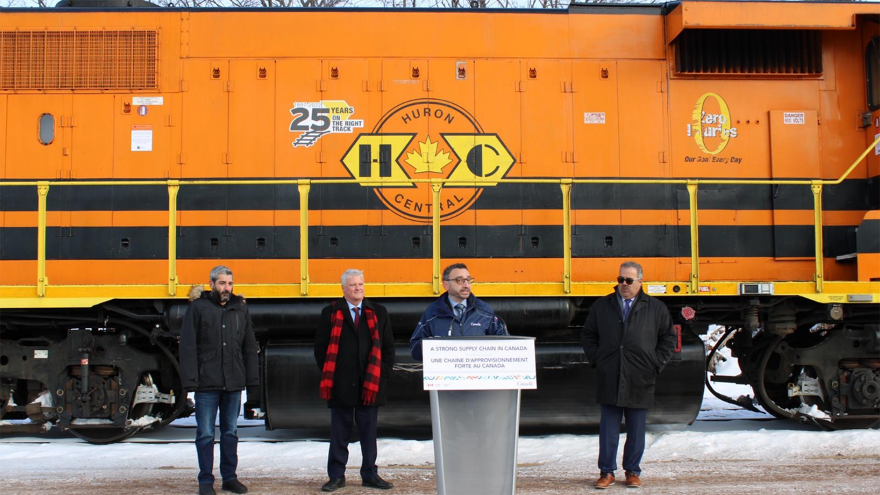 “Today’s investment for Huron Central Railway in Northern Ontario will improve railway infrastructure by increasing the fluidity and reliability of rail service, reducing travel time of railcar traffic and relieving supply chain congestion,” Canada Minister of Transport Omar Alghabra reported on Twitter. (Photograph Courtesy of Alghabra via Twitter)