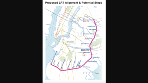 The 14-mile Interborough Express would connect the Brooklyn and Queens communities to 17 MTA New York City Subway lines and MTA Long Island Rail Road (LIRR). It would use existing right-of-way of the Bay Ridge Branch freight line—owned by LIRR and operated by New York & Atlantic—and CSX’s Fremont Secondary line.