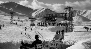 The new chairlift in operation on the slopes, Sun Valley, Idaho, 1937.
