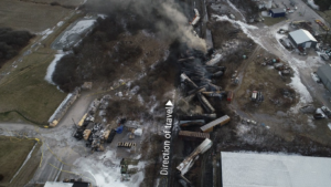 Aerial photograph of derailment site, courtesy of the NTSB.