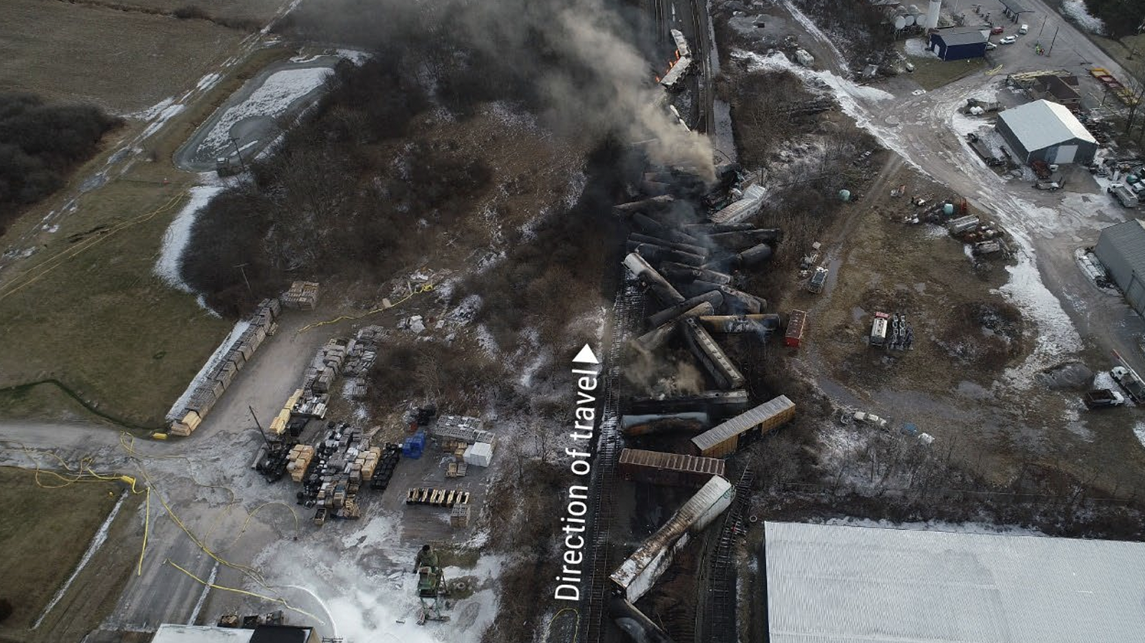 Aerial photograph of the East Palestine, Ohio, derailment site, courtesy of the National Transportation Safety Board.