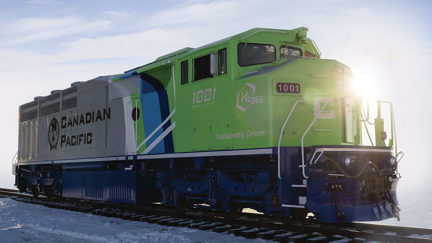Canadian Pacific's hydrogen fuel cell-powered linehaul freight locomotive. (Photograph Courtesy of Bilton Welding and Manufacturing Ltd.)