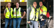 (Left) Twin sisters Tiffany Mace, locomotive engineer, left, and Lindsey Stoddard, yardperson, work together on their birthday. (Right) From left, Locomotive Engineers Brandy Lloyd and her mom, MaryAnn Hennessy on Union Pacific's steam locomotive No. 844.
