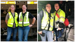 (Left) Twin sisters Tiffany Mace, locomotive engineer, left, and Lindsey Stoddard, yardperson, work together on their birthday. (Right) From left, Locomotive Engineers Brandy Lloyd and her mom, MaryAnn Hennessy on Union Pacific's steam locomotive No. 844.