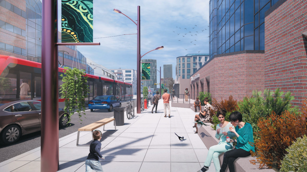 The Calgary Green Line LRT project’s first phase is slated to connect southeast Calgary to downtown—11.18 miles from Shepard to Eau Claire—and link to the existing Red and Blue lines and four MAX BRT (Bus Rapid Transit) routes. (Calgary Transit Rendering)