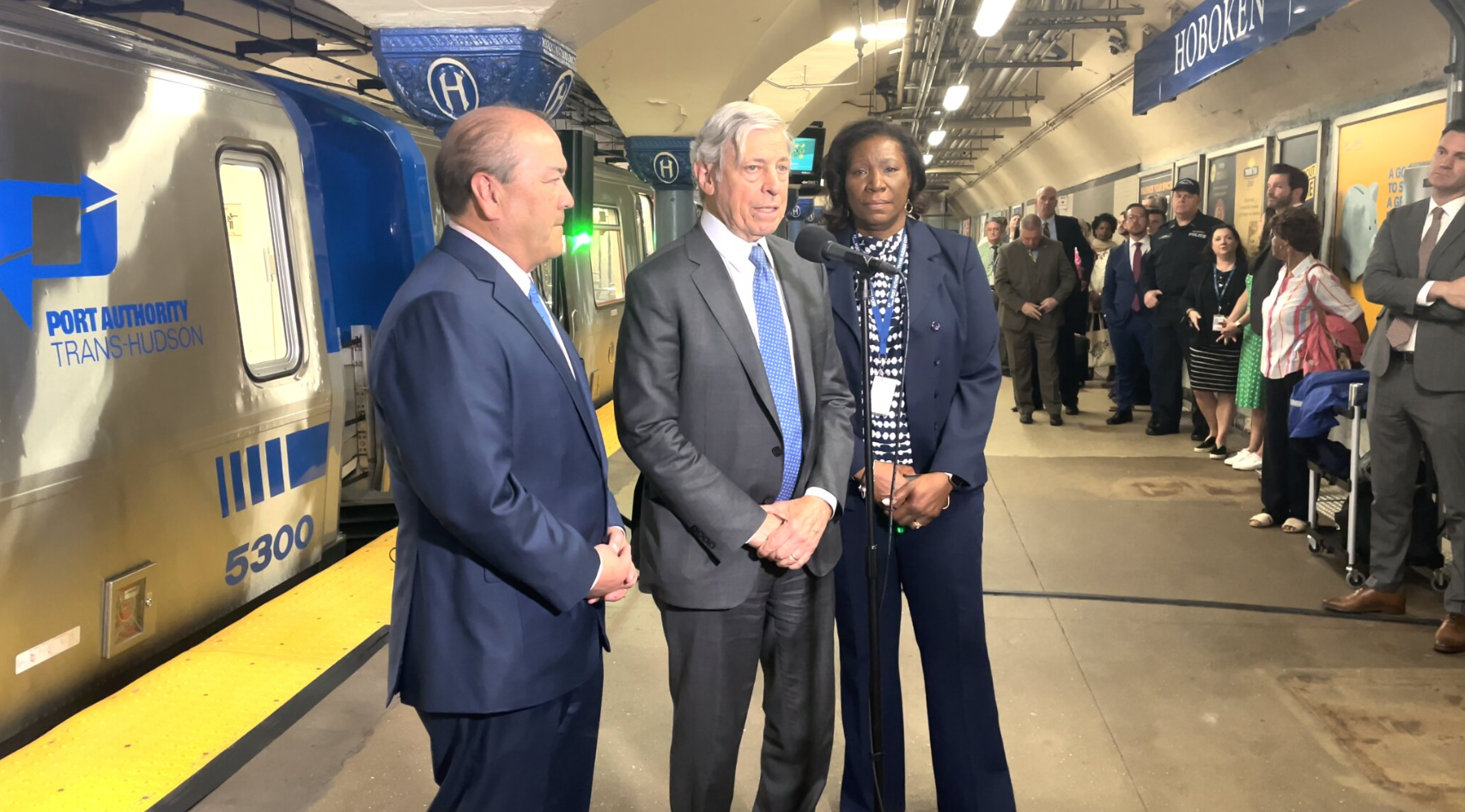 Port Authority of New York and New Jersey Chairman Kevin O’Toole (left), Executive Director Rick Cotton (center) and PATH Director Clarelle DeGraffe (right) unveiled a trainset with some of the new Kawasaki railcars at the PATH Hoboken (N.J.) station on April 13. (Credit: PANYNJ)