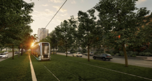 Quebec City’s 12-mile (19.3-kilometer) light rail line is slated to begin operating in 2028 with 34 Alstom-built low-floor LRVs. (Rendering of Boulevard Laurier, Courtesy of Alstom, Copyright Ville de Québec)