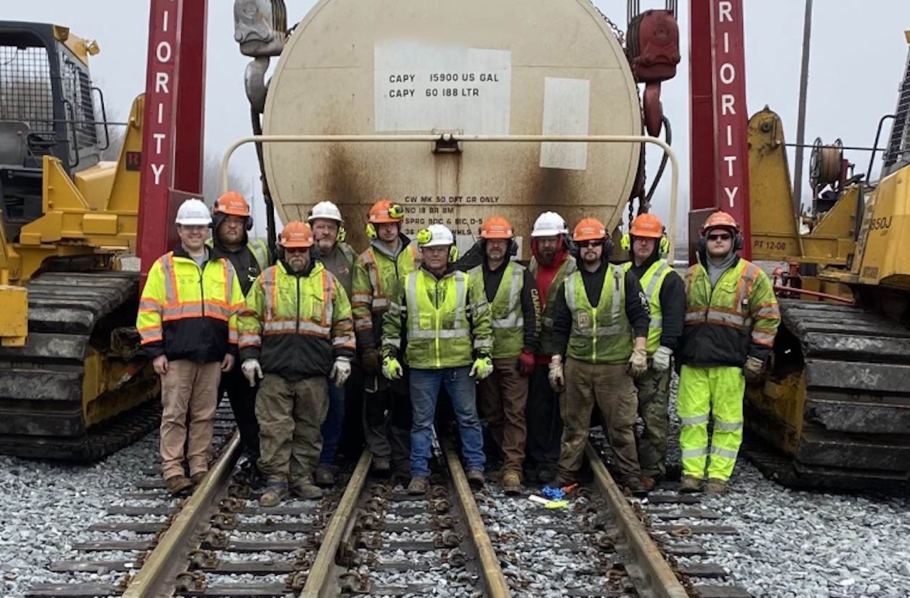 Team members of R. J. Corman Railroad Services Emergency. From left to right, Rob Ralcewicz, Austin Singer, Greg Feasel, Rodney Clayton, Austin Clayton, Mike Hahn, David Fields, Mike Buchanan, Colin Hill, and Tim Koon.