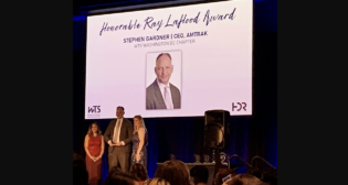 Amtrak CEO Stephen Gardner earlier this month received the Honorable Ray LaHood Award for 2023 at WTS International’s annual conference in Atlanta, Ga. (Amtrak Photograph)
