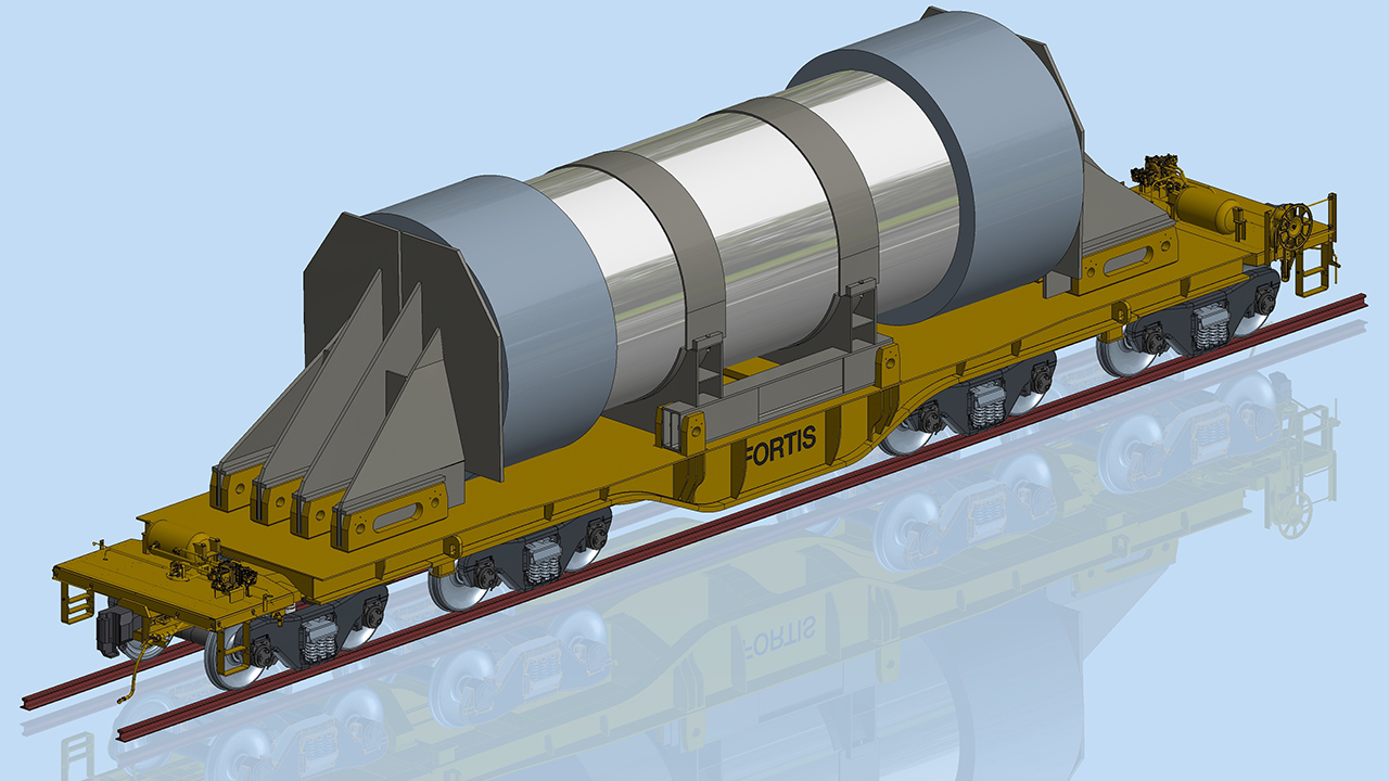 Department of Energy prototype Fortis eight-axle cask-carrying railcar design. (TTC Operated by ENSCO)