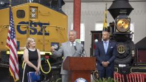 CSX has donated $5 million to help transform the B&O Railroad Museum in celebration of B&O’s bicentennial anniversary in 2027. Pictured: B&O Railroad Museum Executive Director Kris Hoellen (left), CSX President and CEO Joe Hinrichs (center) and Maryland Gov. Wes Moore. (CSX Photograph)