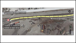 On June 26, 2023, a CSX conductor trainee was killed during a shoving movement at the Seagirt Marine Terminal in Baltimore, Md. Shown above: an illustrated aerial view of the accident scene. (Source: Google Earth; Courtesy of NTSB)