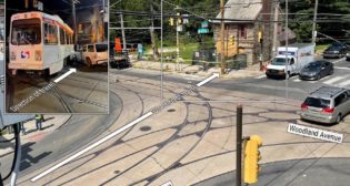 The intersection of Island Avenue and Woodland Avenue in Philadelphia, where SEPTA trolley 9107 derailed on July 27 and struck an SUV and the Blue Bell Inn. (NTSB)