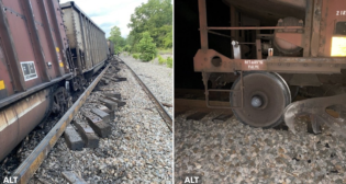 NTSB-provided photographs from the July 6, 2023, Norfolk Southern derailment in Virginia: Derailed gondola cars (left) and a wheelset with a burned-off bearing (right) from unit coal train 814V404. (Sources: NS, left; Federal Railroad Administration, right.)