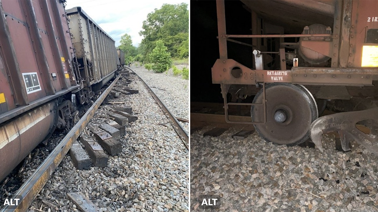 NTSB-provided photographs from the July 6, 2023, Norfolk Southern derailment in Virginia: Derailed gondola cars (left) and a wheelset with a burned-off bearing (right) from unit coal train 814V404. (Sources: NS, left; Federal Railroad Administration, right.)