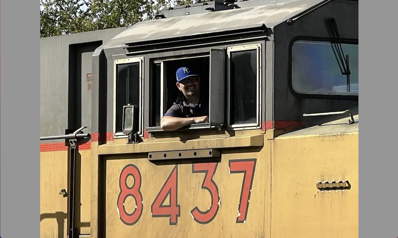 Jorge Moralez, a conductor and local trustee out of Local 933 in Jefferson City, Missouri, is shown on the job. Brother Moralez and other members of his local are leading efforts to restore an old Missouri Pacific caboose in Pleasant Hill, Missouri.