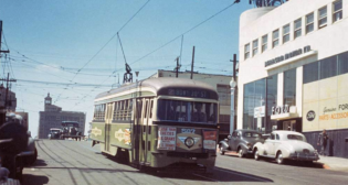 San Diego Electric Railway PCC streetcar on Route 2 travels eastbound on Broadway between 12th Ave. and 13th St. in the late 1940s. (Caption and Photograph Courtesy of San Diego MTS)