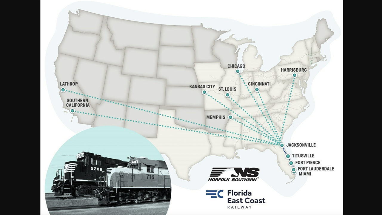 Map of the Norfolk Southern and FEC intermodal service offerings, including their newly announced lanes.