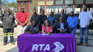 “Today, we announced our new four-year agreement with the local chapter of the International Brotherhood of Electrical Workers (IBEW) at the Carrollton Streetcar Barn,” RTA reported in a Sept. 7 Facebook post. “We are excited to continue to partner with our skilled workforce who maintain our buildings and fleet, which allows the RTA to deliver world class transit!” (RTA Photograph)