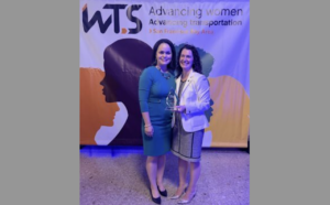 Authority Northern California Deputy Regional Director Morgan Galli, with WTS Chapter President Jasmin Mejia, accepts the Employer of the Year award at the SF Bay Area Chapter’s annual gala on Sept. 20.