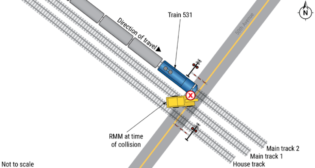 The collision between Amtrak train 531 and the UP RMM occurred as the RMM moved from main track 1 across main track 2, which was occupied by train 531. (Courtesy of NTSB)