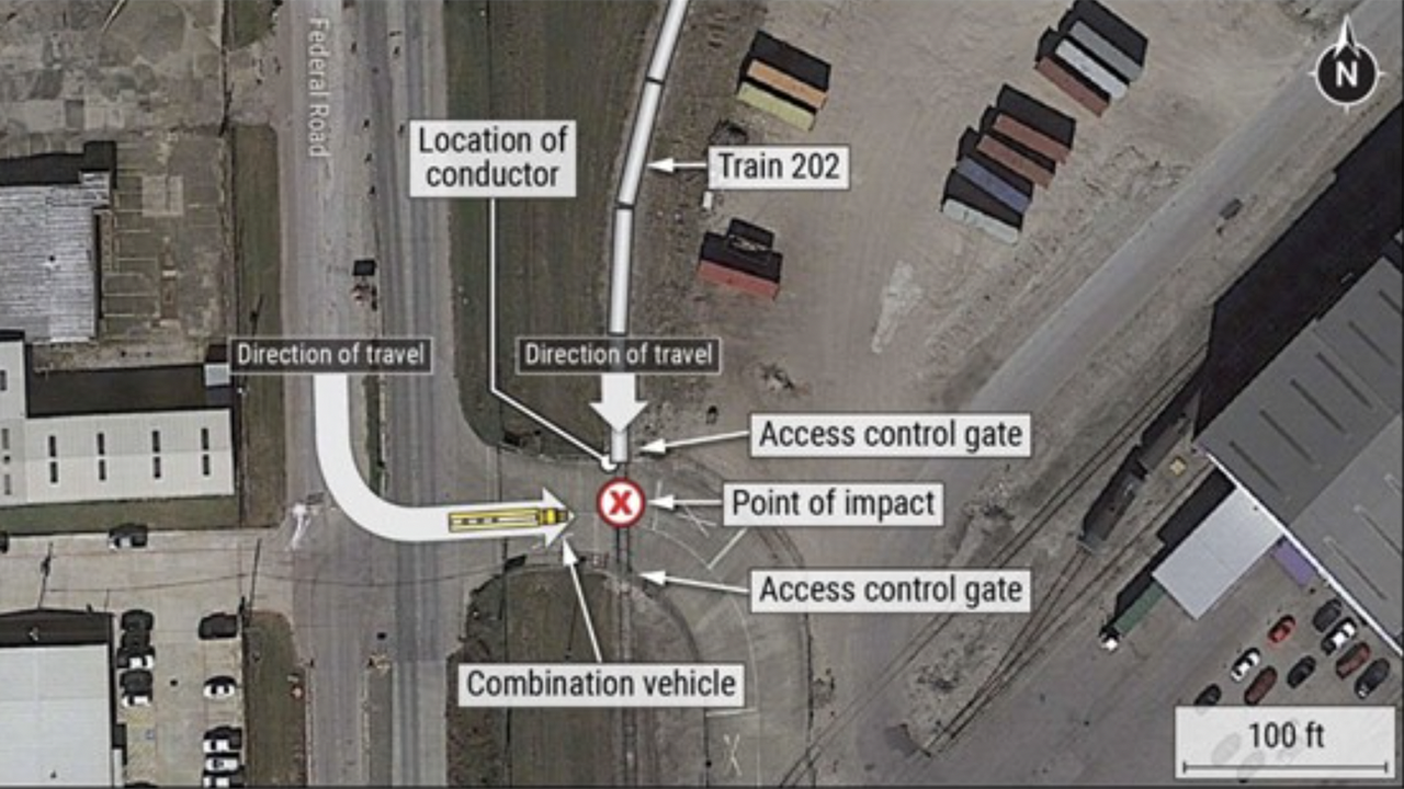 Overhead photograph of the accident location in Houston, Tex., outside the Greens Port Industrial Park. Watco-subsidiary WDRL provides switching service for the facility. (Courtesy of NTSB; Source: Google Earth)