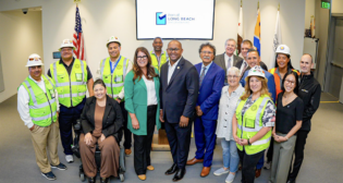 Long Beach Mayor Rex Richardson is flanked by City Councilmember Mary Zendejas, Vice Mayor Cindy Allen, Port of Long Beach CEO Mario Cordero, Long Beach Board of Harbor Commissioners Vice President Bonnie Lowenthal, and port, city and labor officials at an event to discuss the ARCHES hydrogen grant on Oct. 13. (Caption and Photograph Courtesy of Port of Long Beach)