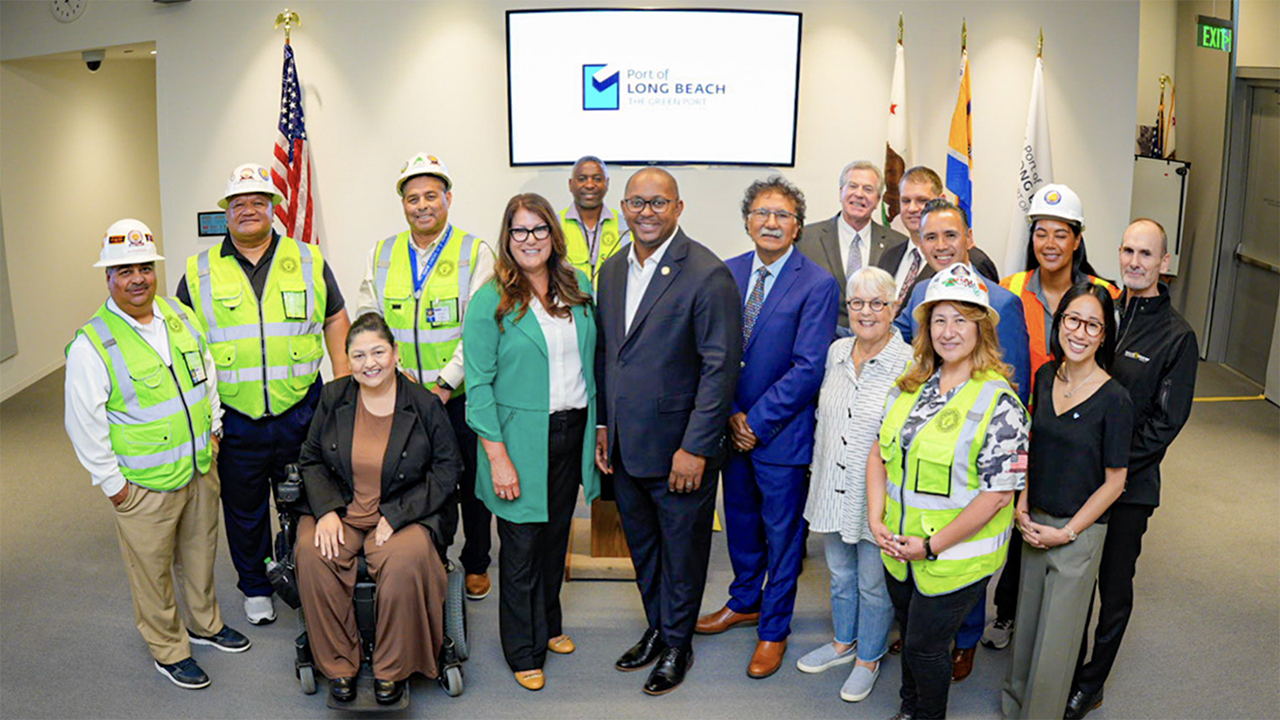 Long Beach Mayor Rex Richardson is flanked by City Councilmember Mary Zendejas, Vice Mayor Cindy Allen, Port of Long Beach CEO Mario Cordero, Long Beach Board of Harbor Commissioners Vice President Bonnie Lowenthal, and port, city and labor officials at an event to discuss the ARCHES hydrogen grant on Oct. 13. (Caption and Photograph Courtesy of Port of Long Beach)