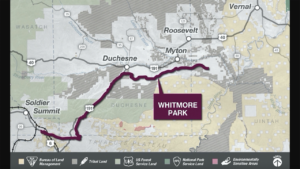 In August 2021, the STB Office of Environmental Analysis issued a Final EIS for the project, identifying the 88-mile Whitmore Park Alternative as the environmentally preferred route for the Uinta Basin Railway, one of three analyzed. It would extend from two terminus points in northeastern Utah’s Uinta Basin near Myton and Leland Bench to a connection with the existing Union Pacific Provo Subdivision near Kyune (see map above).