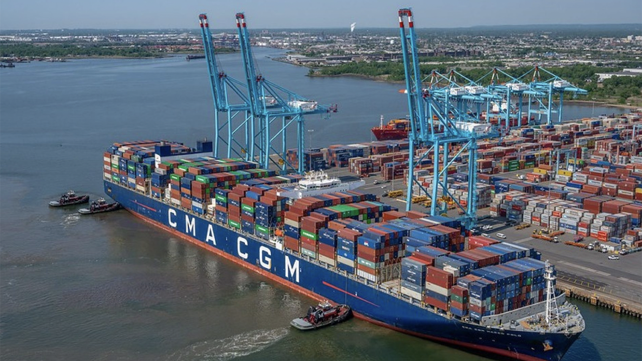 A glut of goods arriving over the past few years, including the CMA CGM Marco Polo’s May 2021 arrival shown here, has led to jam-packed warehouses and rampant discounts this holiday season. (Photograph Courtesy of PA/NYNJ)