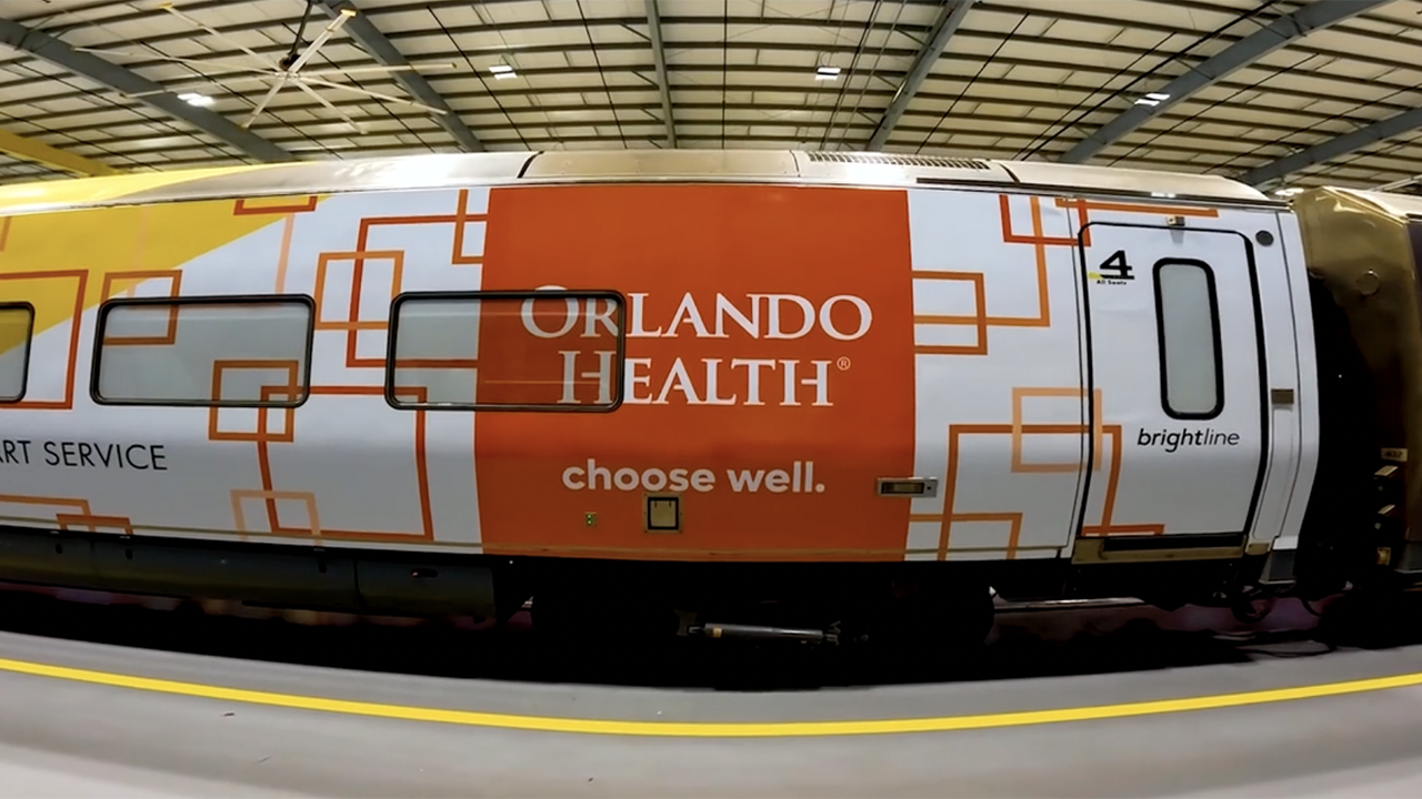 Brightline on Nov. 1 provided a first look at a four-coach Orlando Health-branded train. (Screen Grab from Brightline Video)