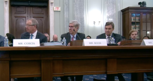 Anthony Coscia (left), Normal, Ill., Mayor Christopher Koos (center), and Joel Szabat (second from right) have been confirmed as members of the Amtrak Board of Directors, which sets policy and oversees the management and strategic direction of “America’s Railroad.” (Screen grab from video of U.S. Senate Commerce Committee nomination hearing held June 23, 2023)