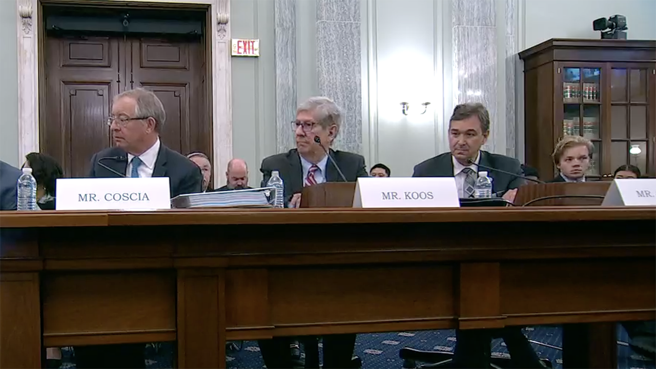 Anthony Coscia (left), Normal, Ill., Mayor Christopher Koos (center), and Joel Szabat (second from right) have been confirmed as members of the Amtrak Board of Directors, which sets policy and oversees the management and strategic direction of “America’s Railroad.” (Screen grab from video of U.S. Senate Commerce Committee nomination hearing held June 23, 2023)