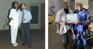 Photos from left to right: Tera Stokes-Hankins at her Station Agent graduation in 1995; Tera handing Station Agent Michael Francis a certificate of recognition at a recent employee appreciation event. (Caption and Photographs Courtesy of BART)