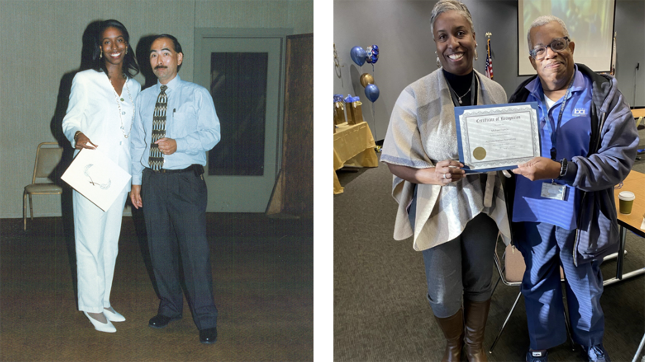 Photos from left to right: Tera Stokes-Hankins at her Station Agent graduation in 1995; Tera handing Station Agent Michael Francis a certificate of recognition at a recent employee appreciation event. (Caption and Photographs Courtesy of BART)