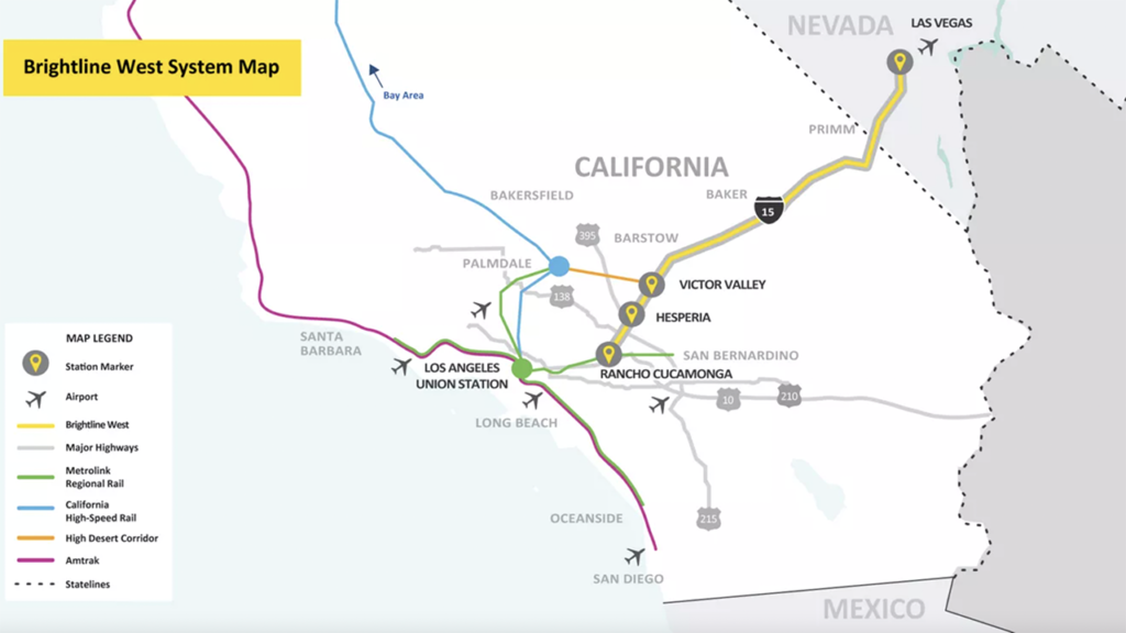 Brightline West says its planned 218-mile high-speed passenger rail service will run from Las Vegas to Rancho Cucamonga, Calif., with most of its alignment within the median of I-15. (Map Courtesy of Brightline West)