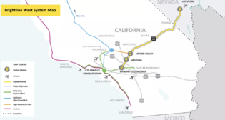 Brightline West says its planned 218-mile passenger rail service will run from Las Vegas to Rancho Cucamonga, Calif., with 96% of its alignment within the median of the I-15 highway.