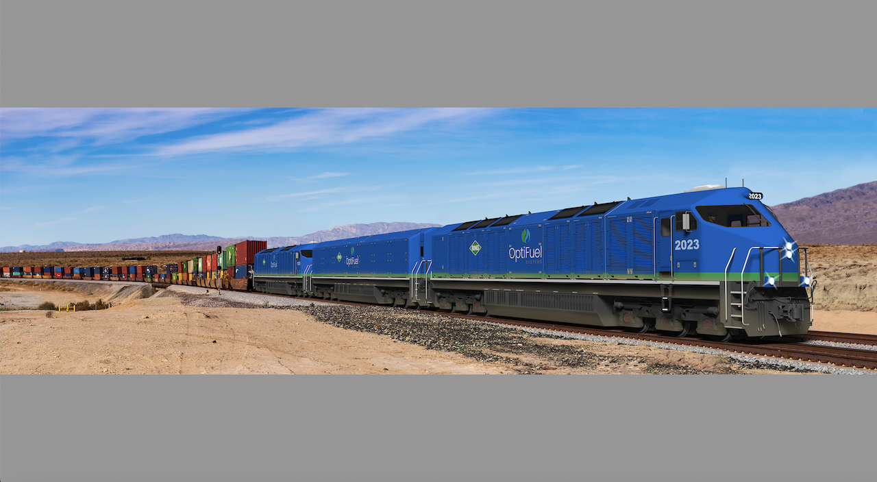 OptiFuel Systems' Total-Zero™ RNG-Electric Line Haul Locomotive and RNG-Powered Tender (Photo: Business Wire)