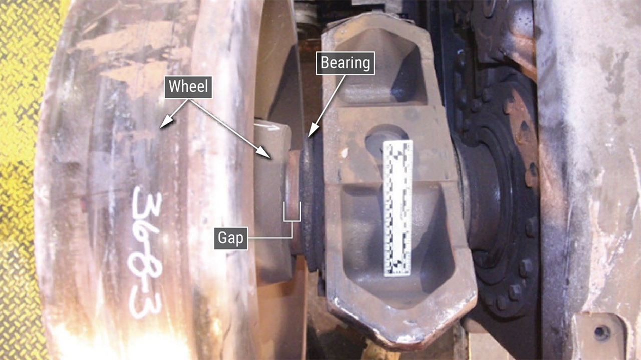 The NTSB observed the inspection and disassembly of wheelset #4 from railcar 7200, which caused the 2021 Washington Metropolitan Area Transit Authority derailment in Virginia. “In accordance with wheelset design, each wheel should have been flush against its bearing when mounted,” NTSB wrote in its January 2023 derailment investigation report. “Before disassembly, the inspection identified gaps between both wheels and their respective bearings: about 0.63 inches for the right-side wheel and about 1.10 inches for the left-side wheel [see above] … The back-to-back measurement was about 55.375 inches, or about 2 inches wider than the maximum design specification.” (NTSB Image)
