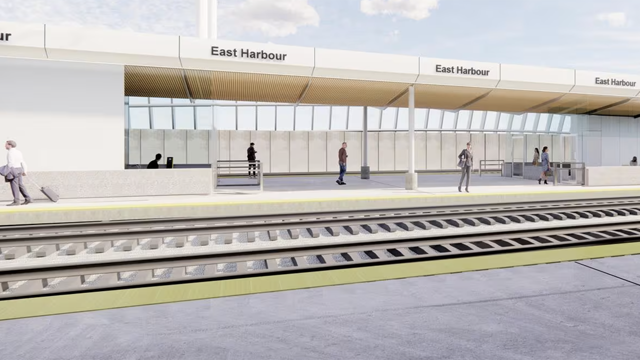 Metrolinx’s East Harbour Transit Hub in Toronto will be located on the Lakeshore East and Stouffville GO Transit rail lines. The station will provide connections to the Ontario Line subway and future Toronto Transit Commission services. (Rendering Courtesy of Metrolinx)
